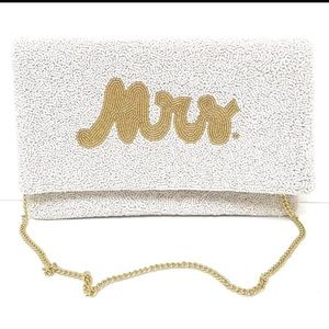 MRS bridal white beaded clutch with removable chain strap